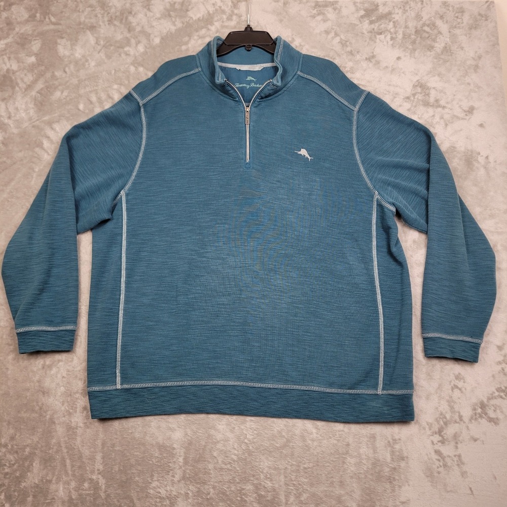 Tommy Bahama 1/4 Zip Mock Neck Pullover Sweater Teal Green 3XL Cotton Casual